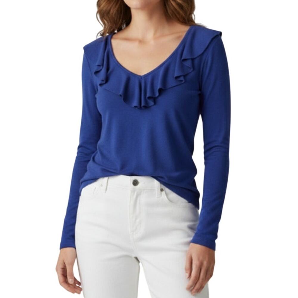LILLY PULITZER Alessa V-Neck Flounced LS Knit Top Women S Blue Retro Boho Party